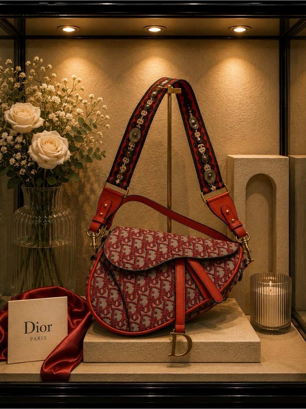 Dior Red Jacquard Saddle Crossbody with Embroidered Strap